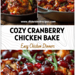 Golden baked cranberry chicken casserole topped with glaze and fresh herbs in a rustic pan.